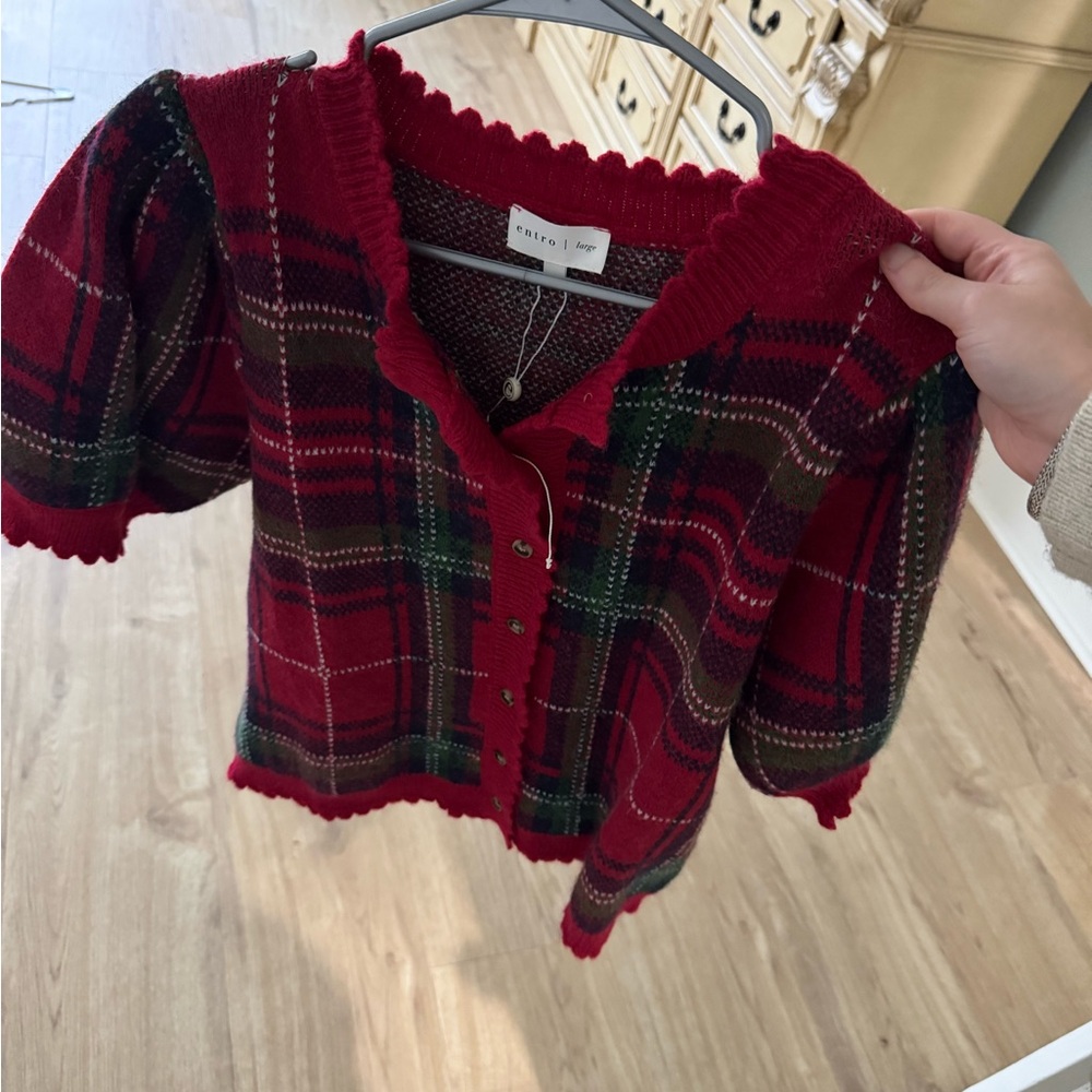 Entro Red and Green Plaid Knit Top